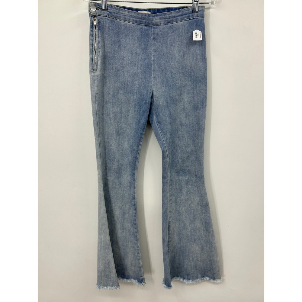 POL Womens Light Wash Flare Jeans High Rise Side Zip Raw Hem Size M TWP65